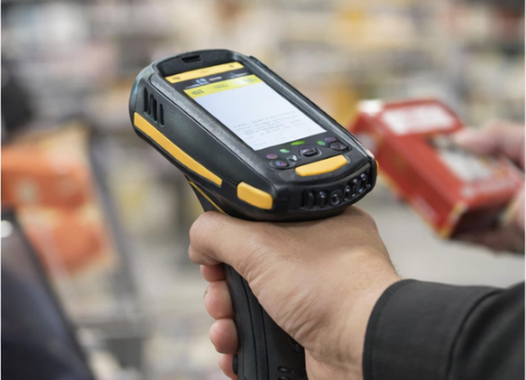Retail associate scanning inventory with a handheld device